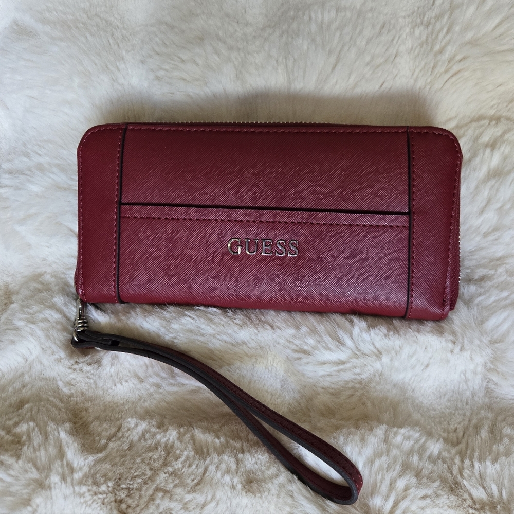 GUESS Red Saffiano Zip Wristlet Wallet with Removable Strap
